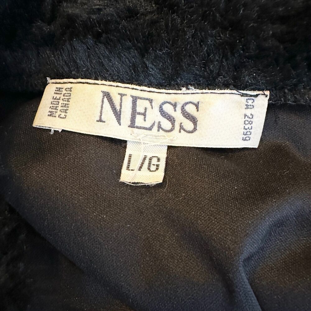 NESS Top Women L Black Silver Faux Fur Trimmed Turtleneck Sheer Regency Glam - Picture 7 of 8
